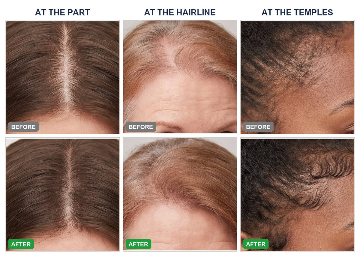 Before and after: new growth at the part, the hairline and the temples