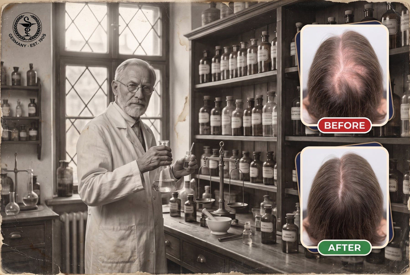 A German chemist and a woman's hair before and after